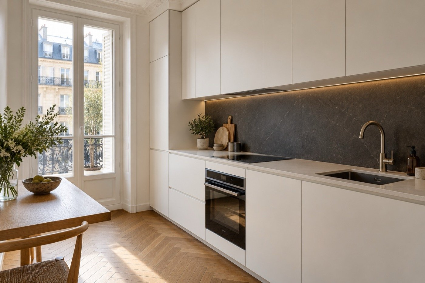 Cuisine sur mesure blanche et crédence sombre
